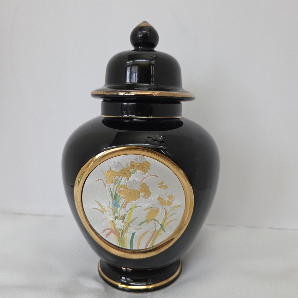 Vintage Japanese Art Of Chokin Porcelain Black and Gold Jar